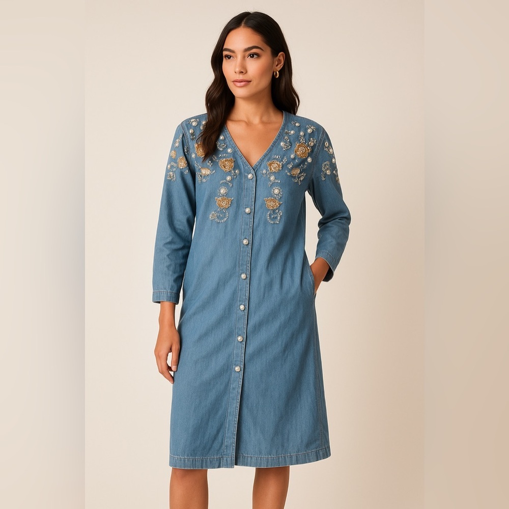 Vintage Denim Midi Dress Pearl Beaded Floral Appliqué Button Front Long Sleeve M - Picture 8 of 8